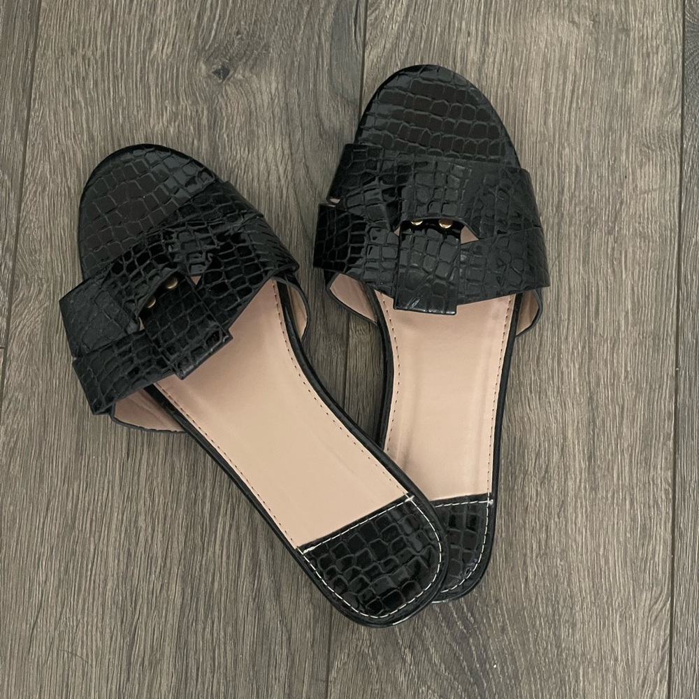 Black Croc-Embossed Slide Sandals